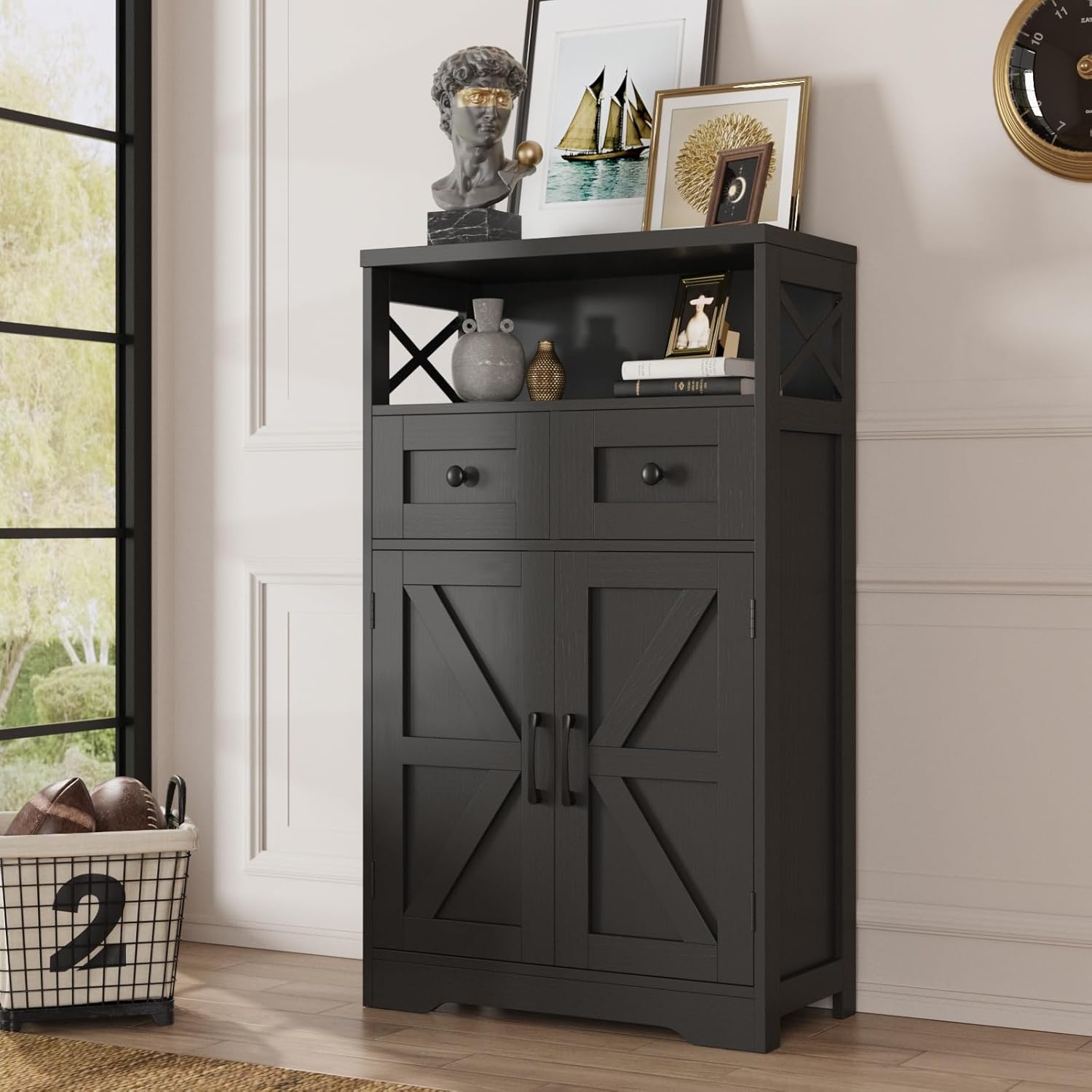 Black Storage Cabinet with Drawers and Shelves for Home Use