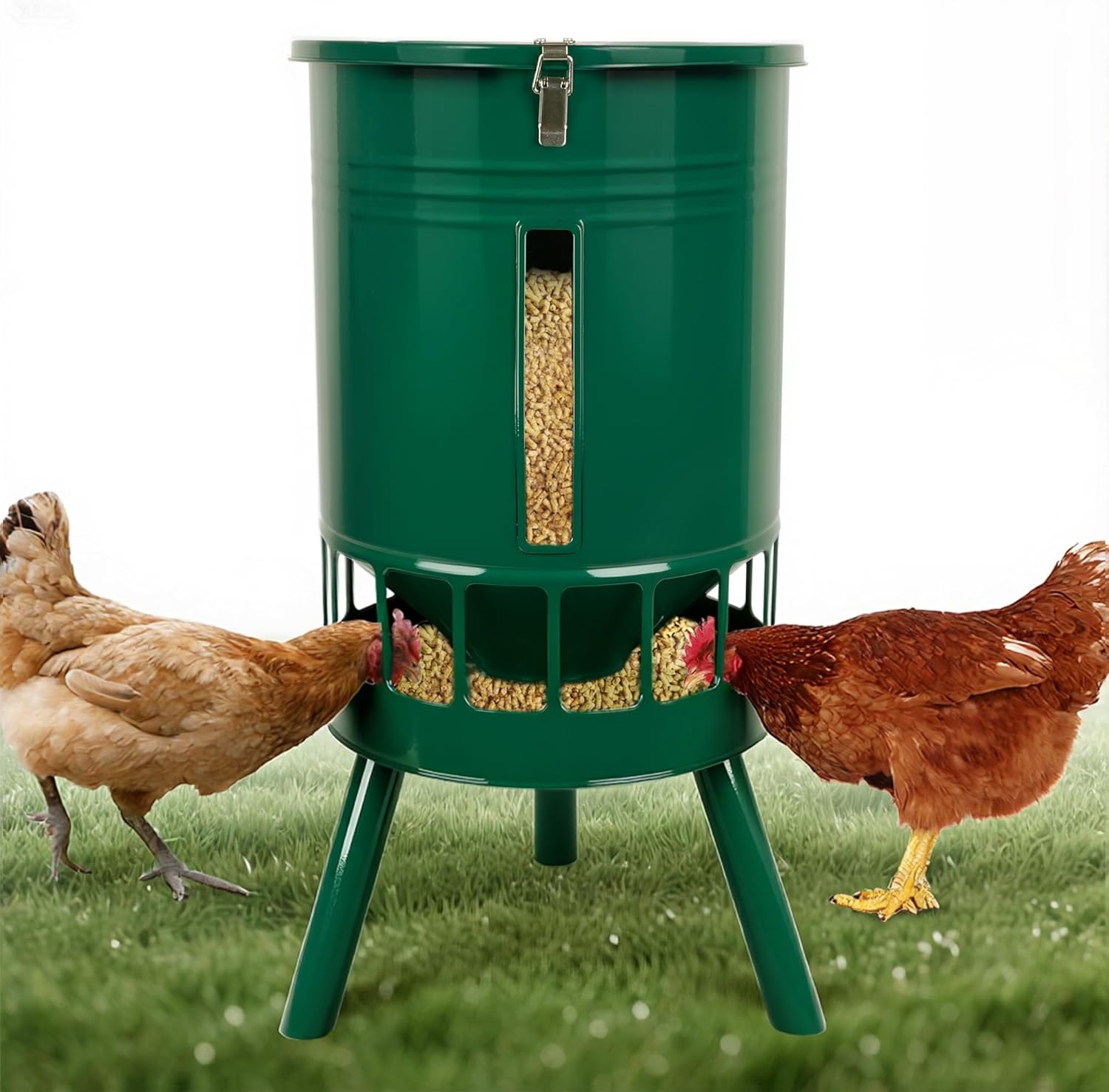 KOL Metal Chicken Feeder No Waste - 50lbs Poultry Feeder with 16 Ports