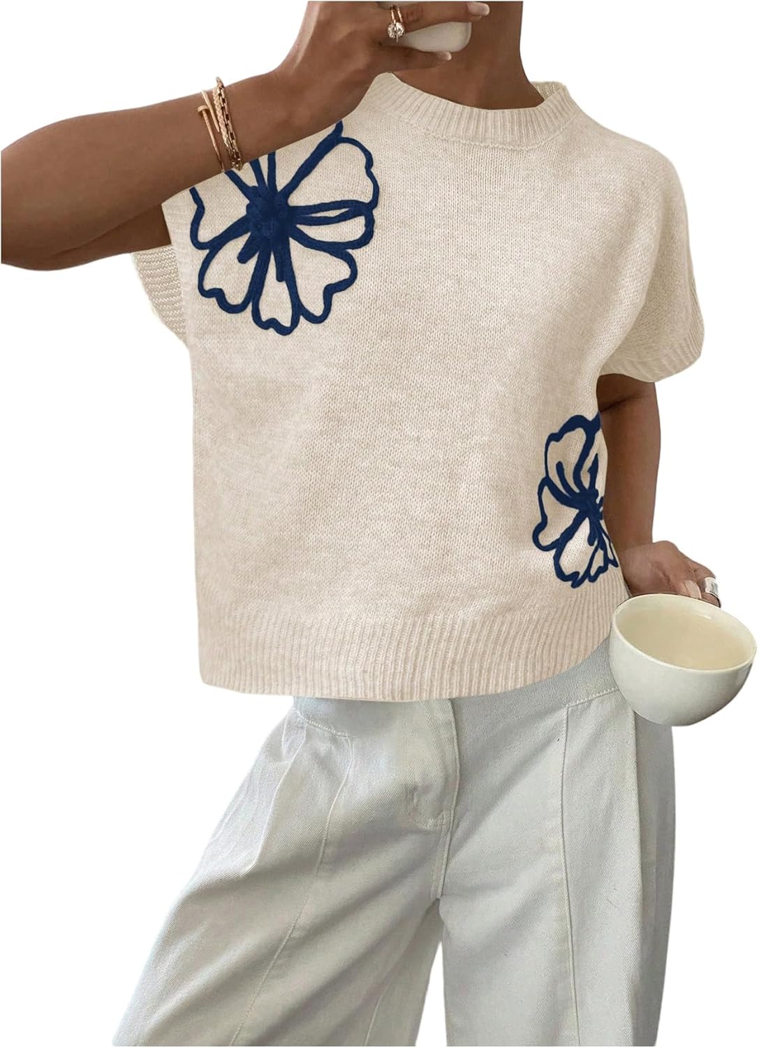 SOLY HUX Women's Ribbed Sweater with Floral Knit Design