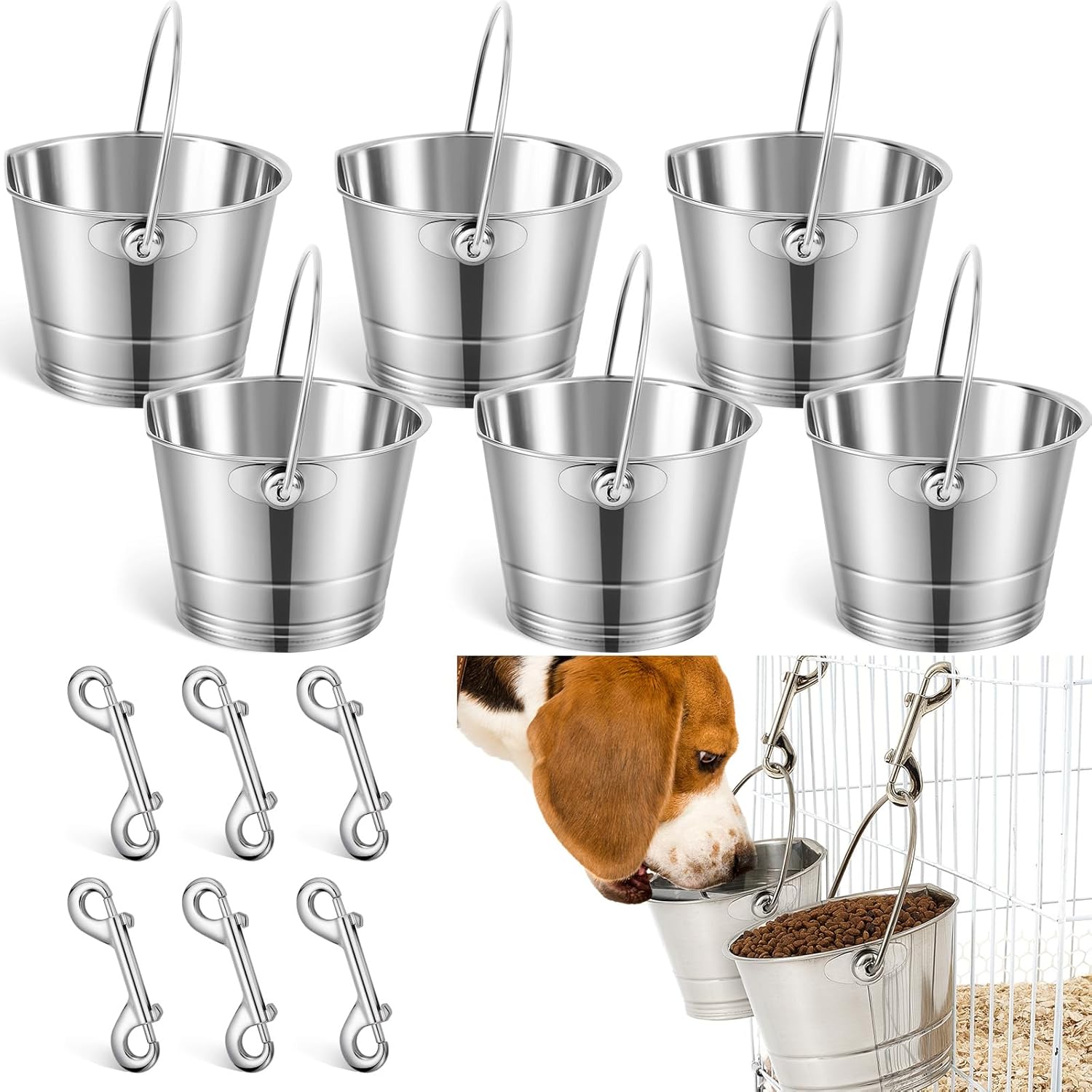 Durable Stainless Steel Flat Side Bucket Set for Pets Hydration
