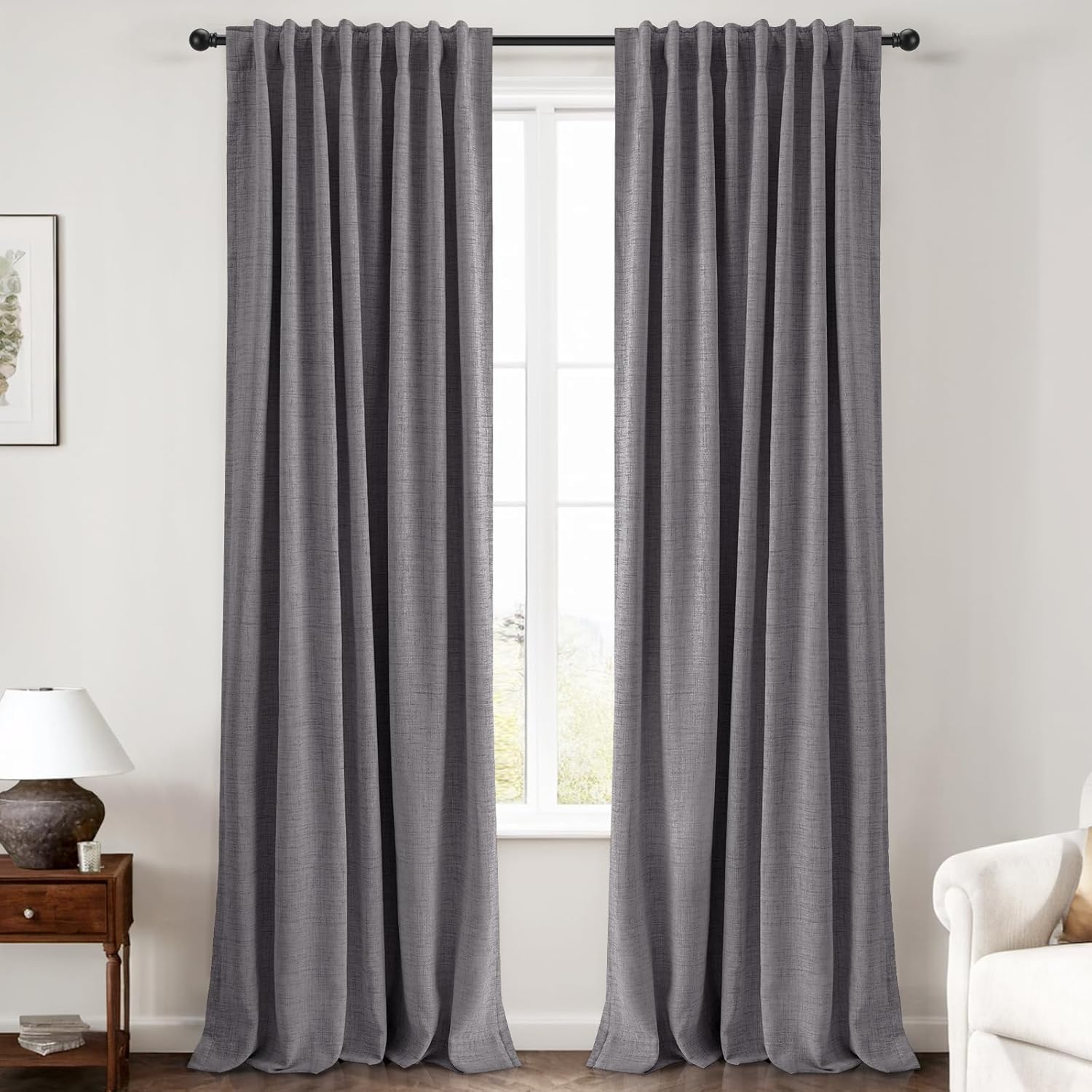 100% Blackout Curtains for Bedroom - Dark Grey Linen Drapes