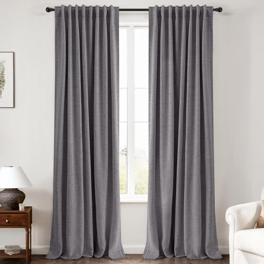 100% Blackout Curtains for Bedroom - Dark Grey Linen Drapes