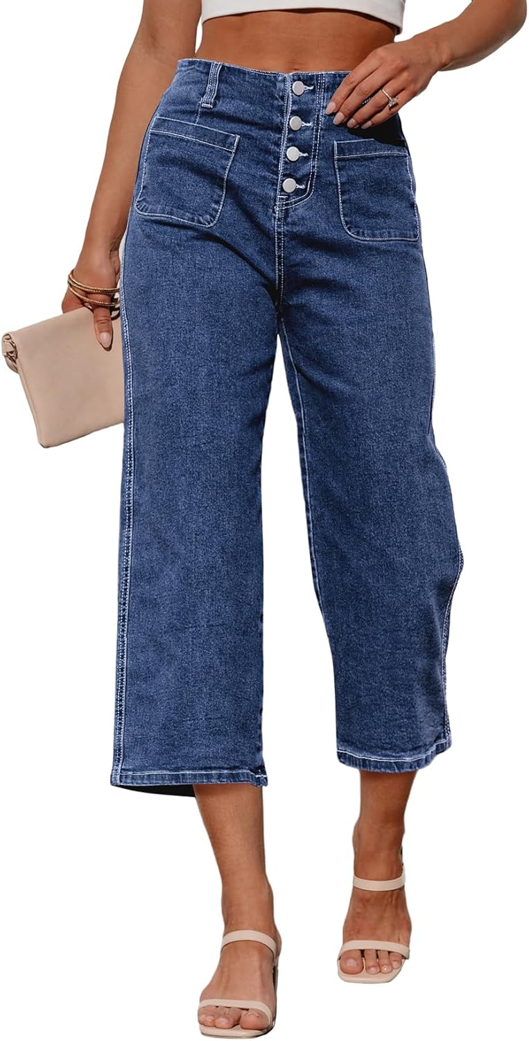 Trendy Wide Leg Jeans for Women - High Waisted Capri Pants