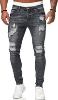 HUNGSON Mens Blue Slim Fit Ripped Skinny Jeans - Stretch Comfort