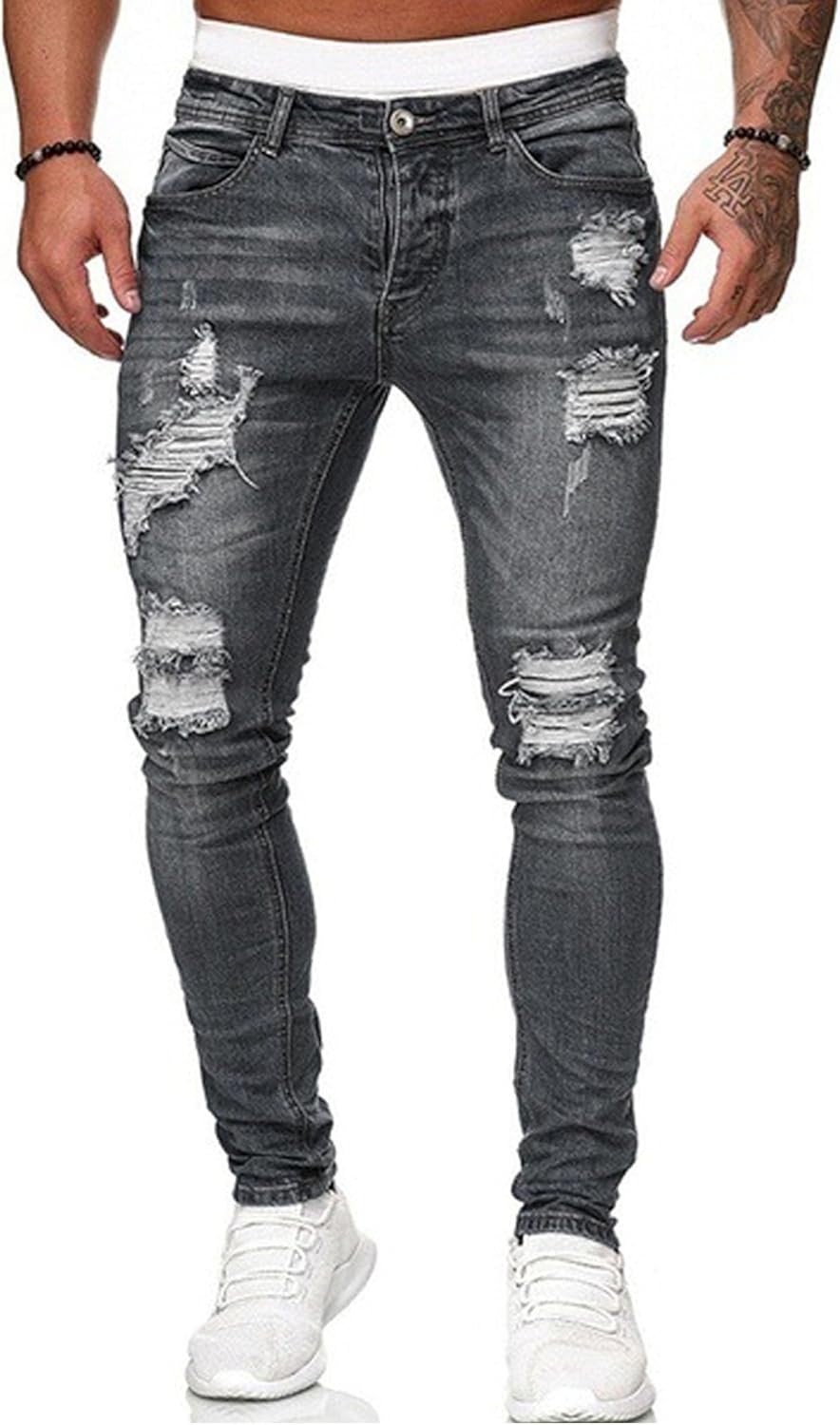 HUNGSON Men's Blue Slim Fit Jeans with Ripped Design and Stripes