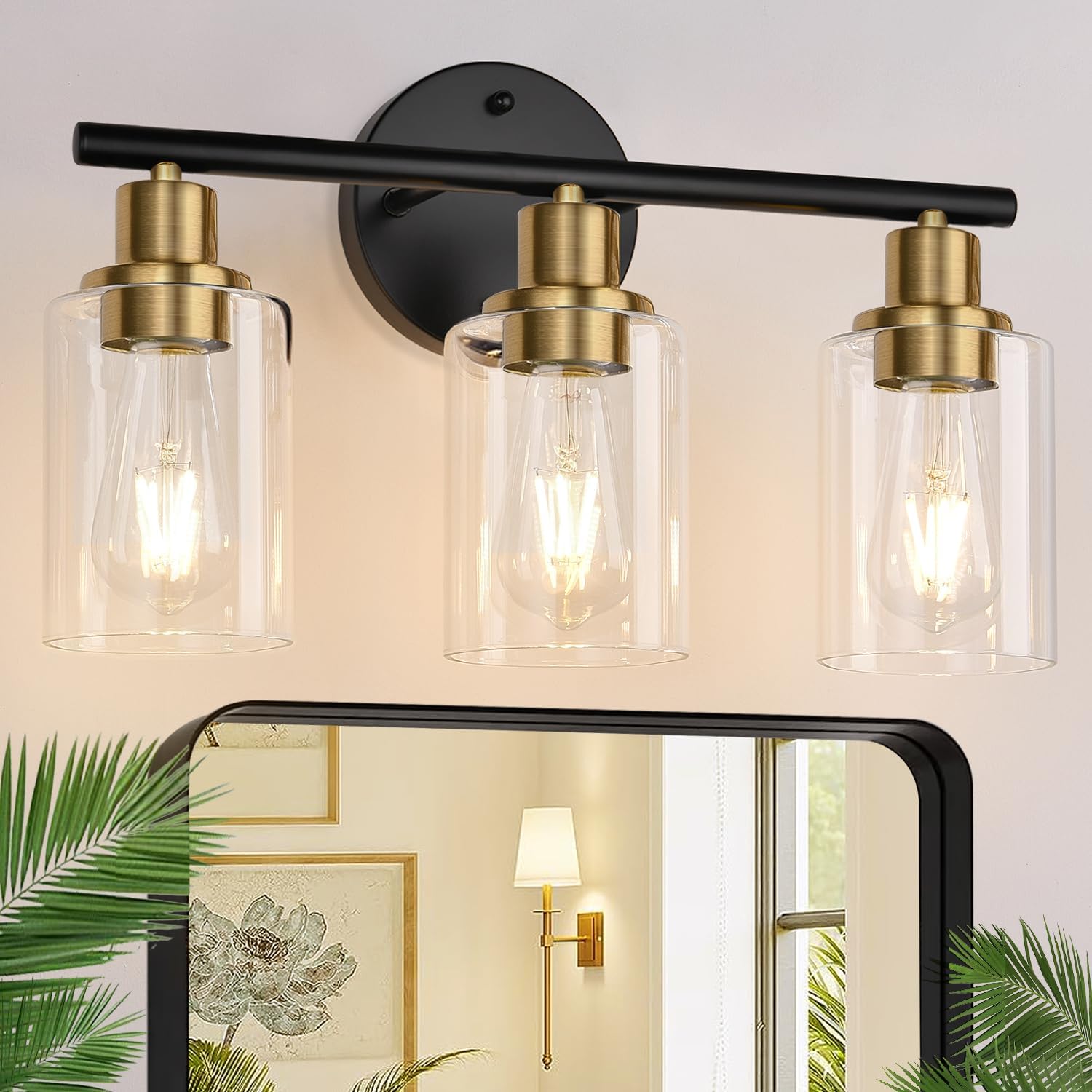 3-Light Bathroom Light Fixtures with Black and Gold Finish