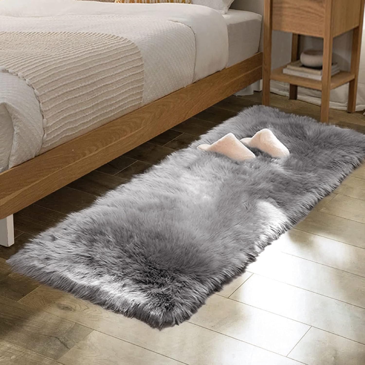 Silver Grey Faux Sheepskin Washable Shaggy Fur Area Rug Runner