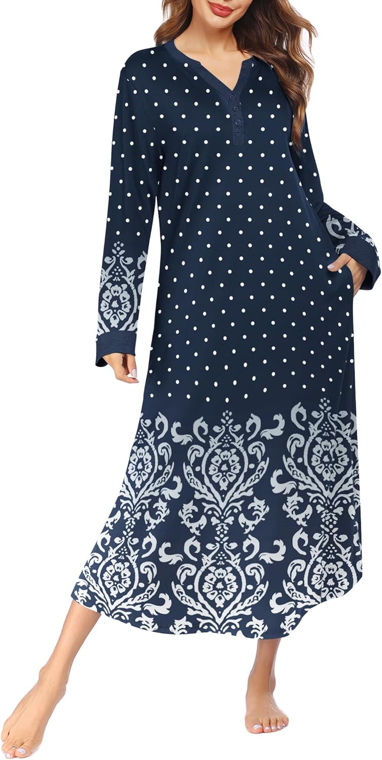 Ekouaer Womens Nightgown Long Loungewear V Neck Nightshirt