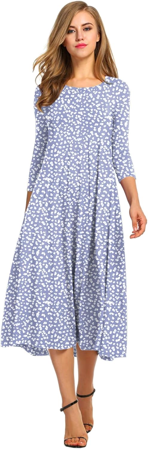 HOTOUCH Women's 3/4 Sleeve A-line Midi Long Dress for Elegance