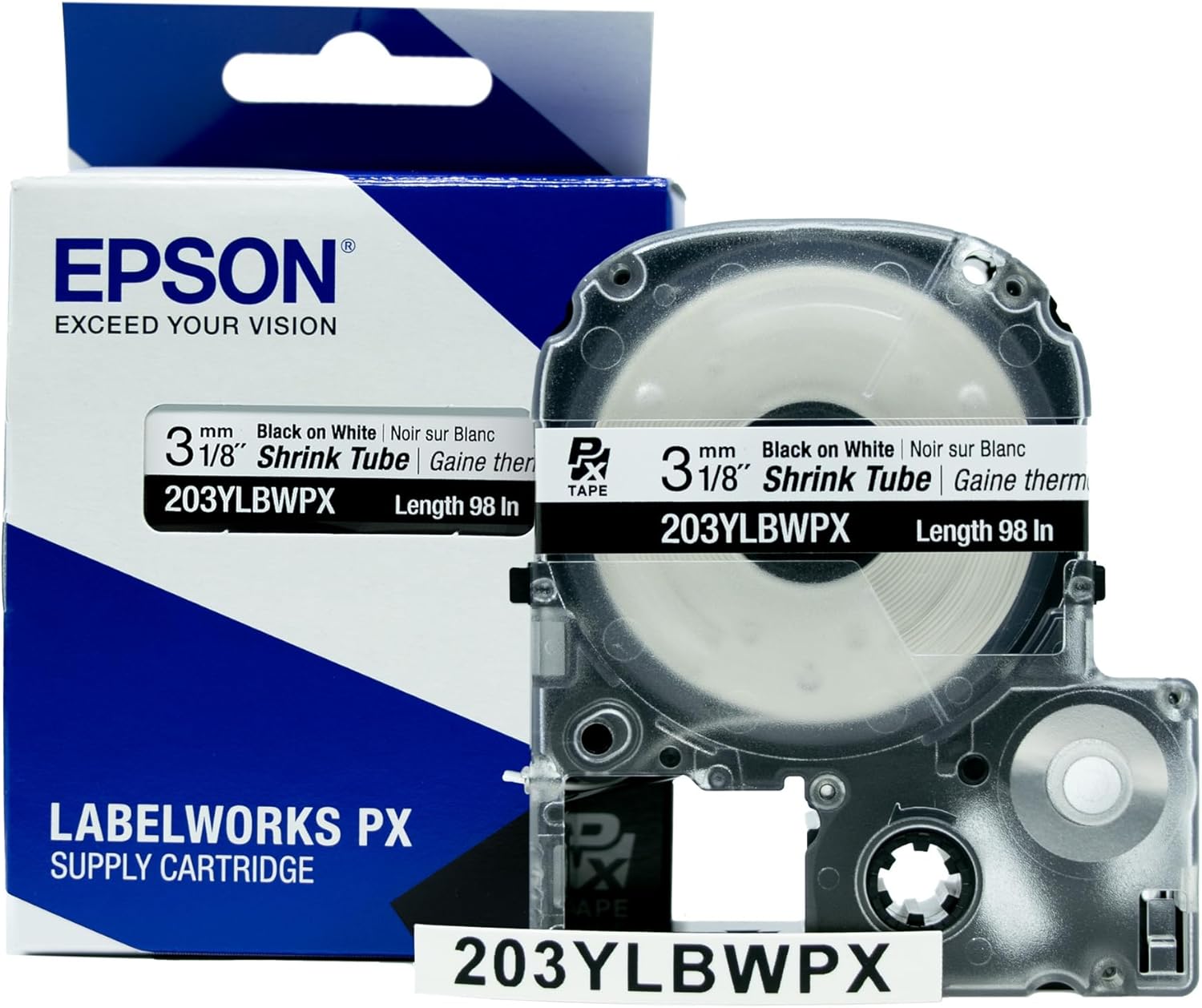 Epson LABELWORKS 203YLBWPX Black on White Shrink Tube Tape