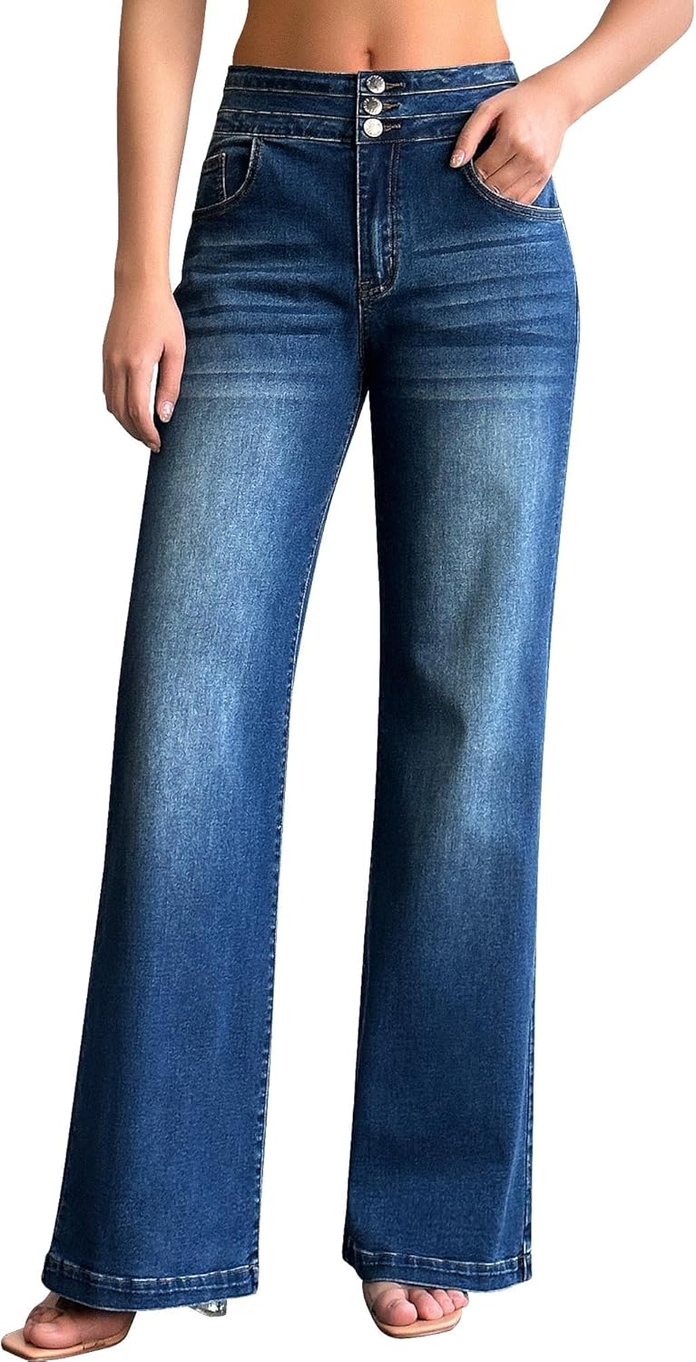 Wide Leg Jeans for Women - Casual High Waisted Stretch Denim