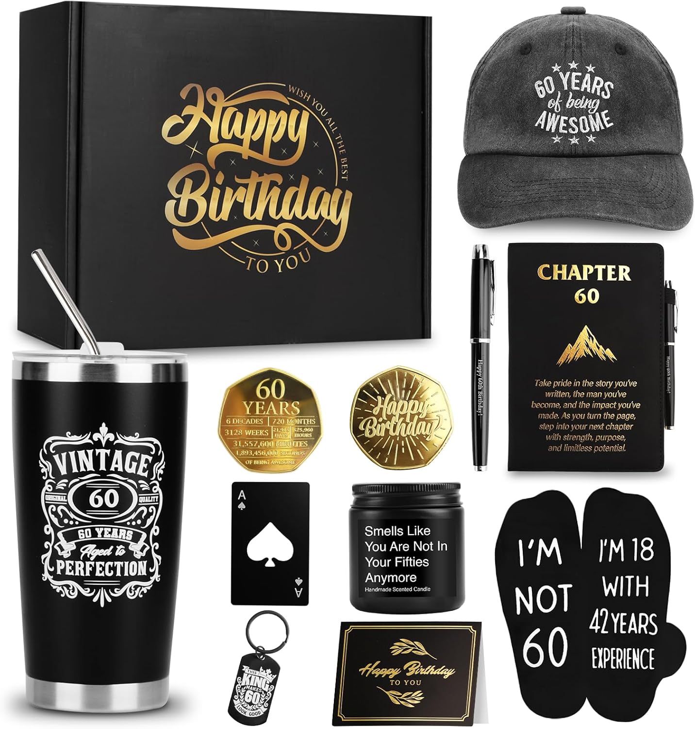 60th Birthday Gifts for Men - Unique Black & Gold Gift Box