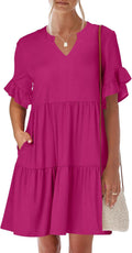 Womens Ruffle Short Sleeve V Neck A Line Tiered Mini Dress - Flowy 35%