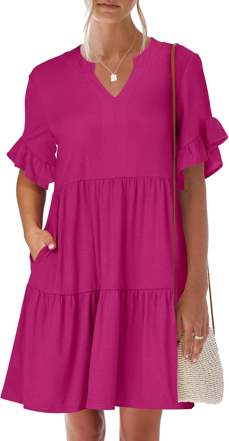 Trendy Ruffle Short Sleeve V Neck A Line Mini Beach Dress