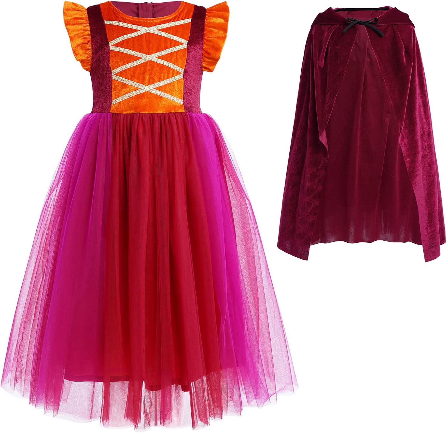 OBEEII Halloween Costume for Girls Velvet Tulle Witch Dress Set