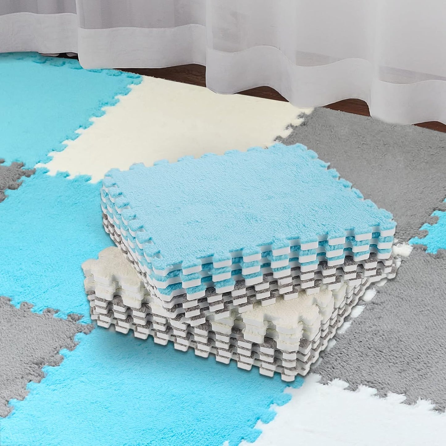 18 Pcs Plush Foam Floor Mat Interlocking Carpet Tiles for Kids