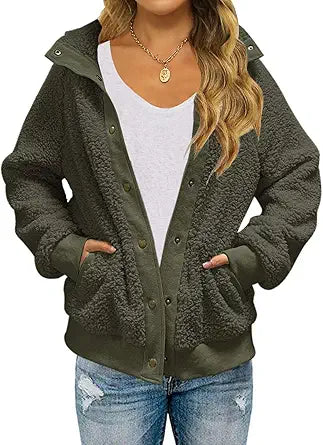 Womens Winter Long Sleeve Button Sherpa Jacket Coat Pockets
