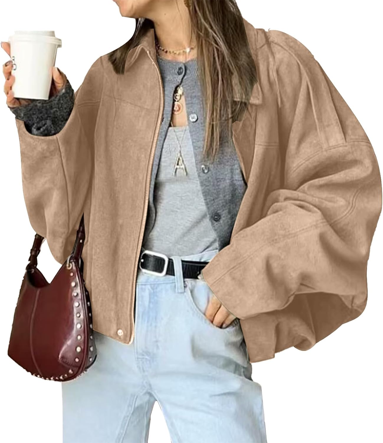 Faux Suede Bomber Jacket for Women - Trendy Oversized Style