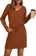 Fall Dresses for Women 2025 V Neck Long Sleeve Tie Front Dress - Cozy