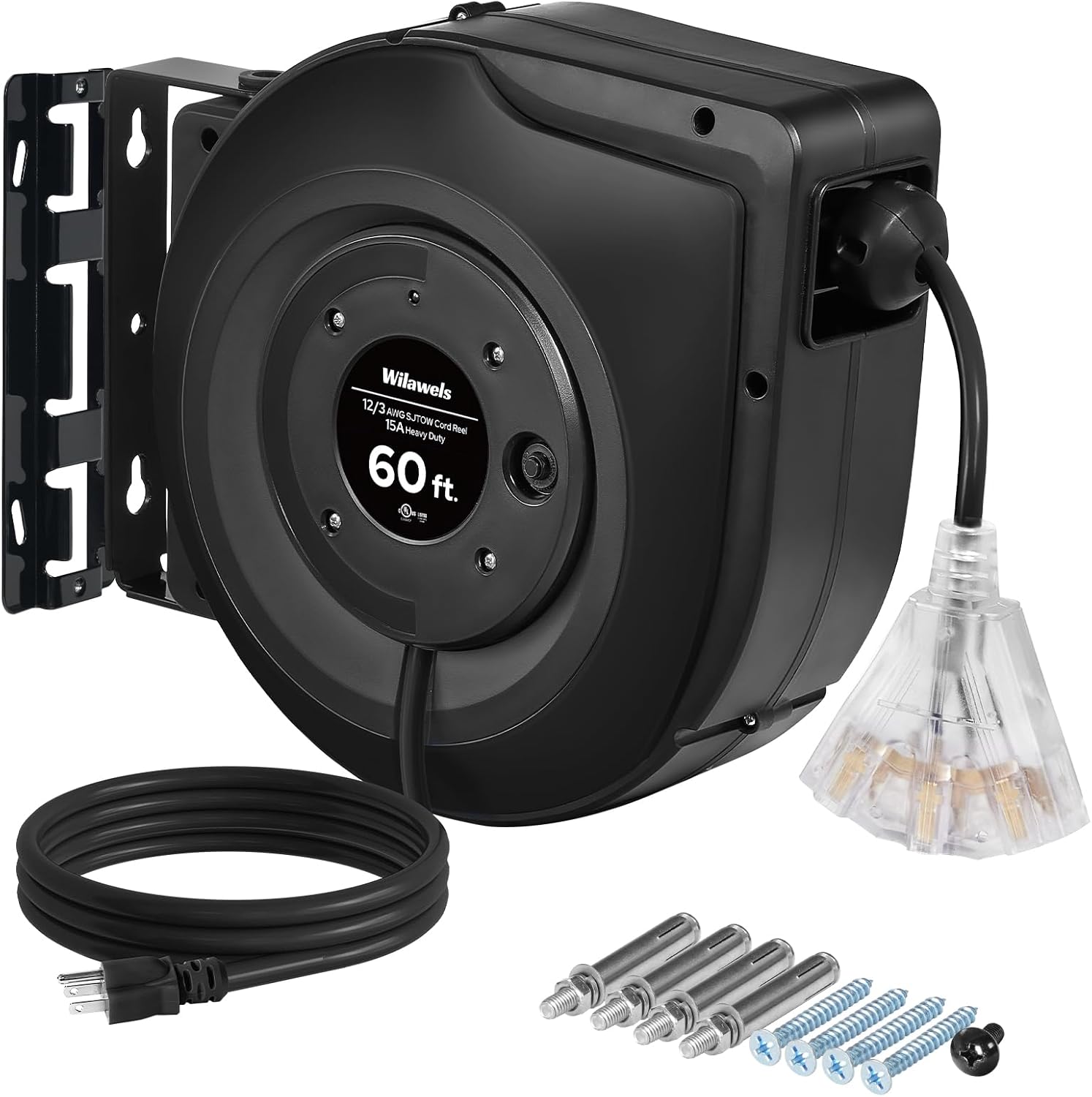Retractable Extension Cord Reel 60FT Heavy Duty 12AWG SJTOW
