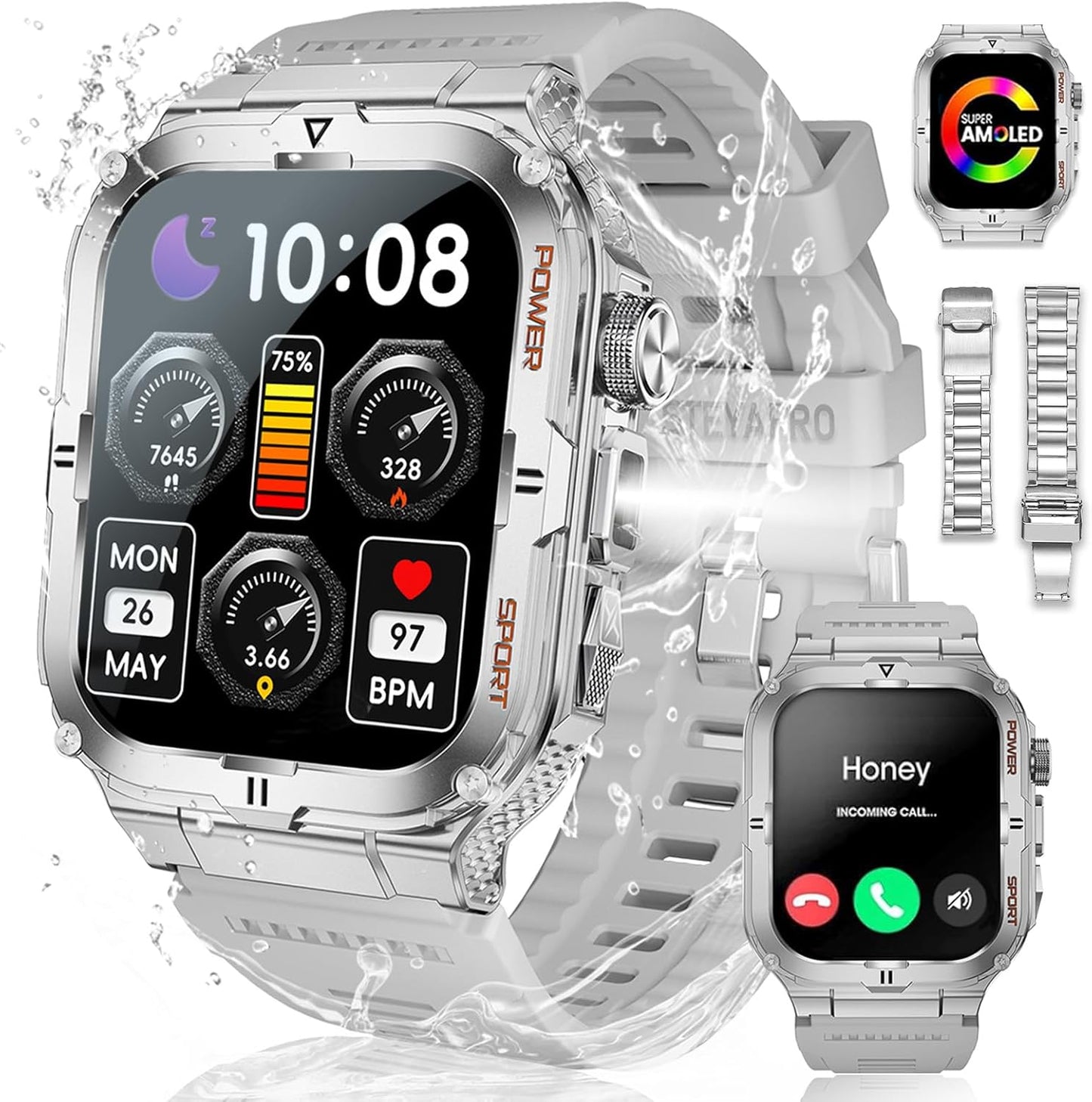 LAKEYLOYI Military Smartwatch: 1.96 AMOLED Display