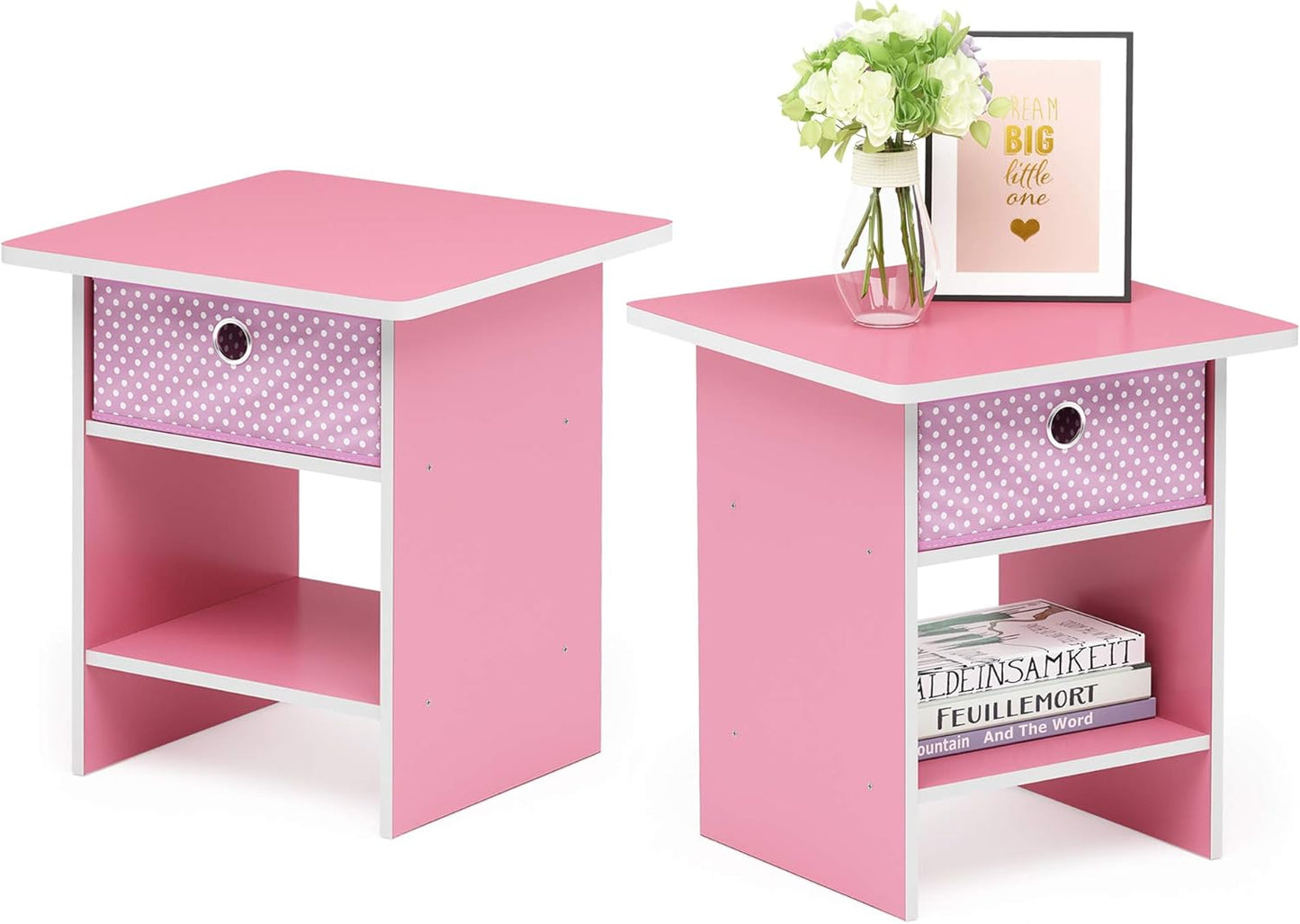 Furinno Dario End Table with Bin Drawer, 2-Pack in Pink