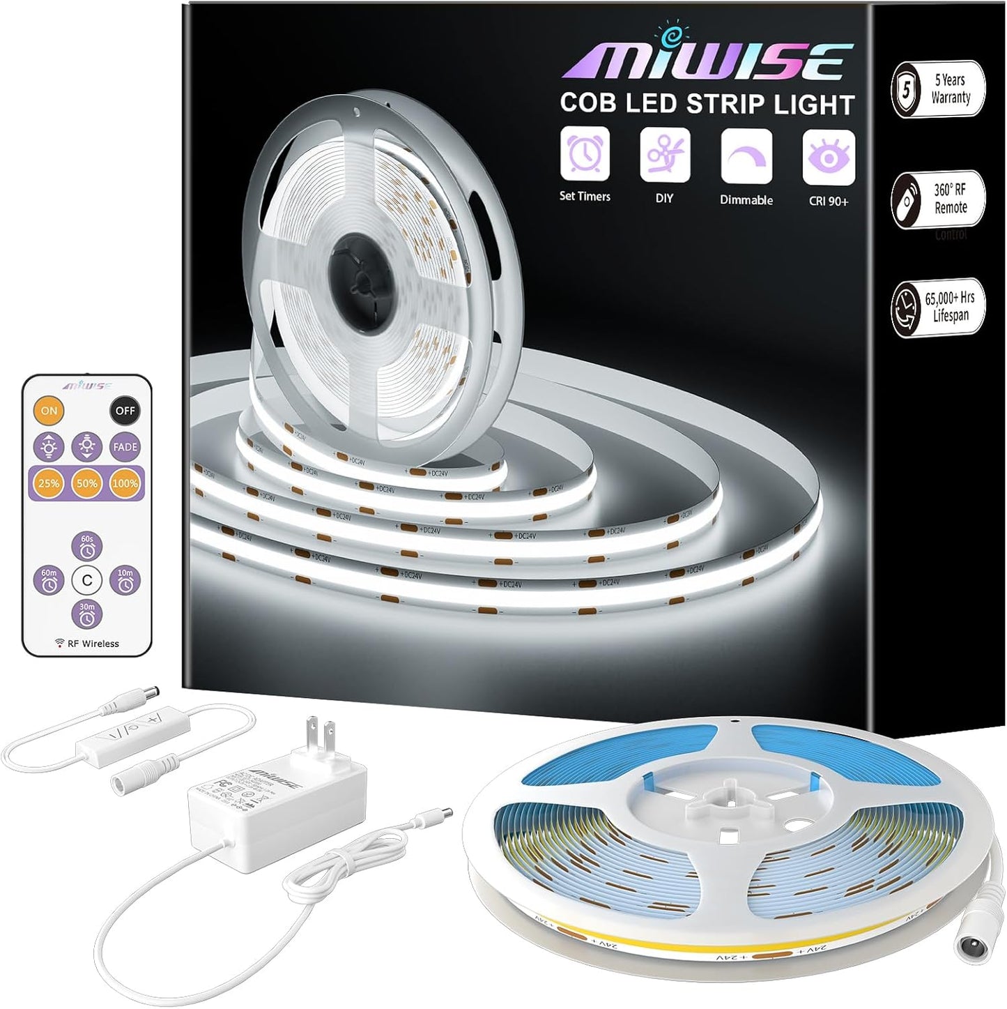 MIWISE 32.8ft Dimmable COB LED Strip Lights for Versatile Use