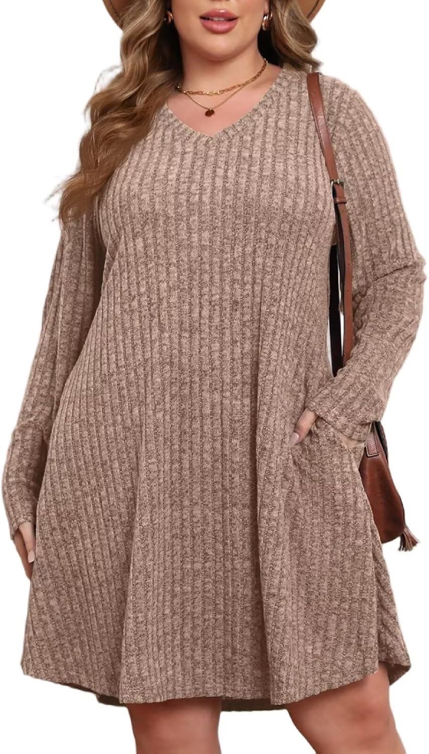 Plus Size Sweater Dress for Women with Pockets and V Neck