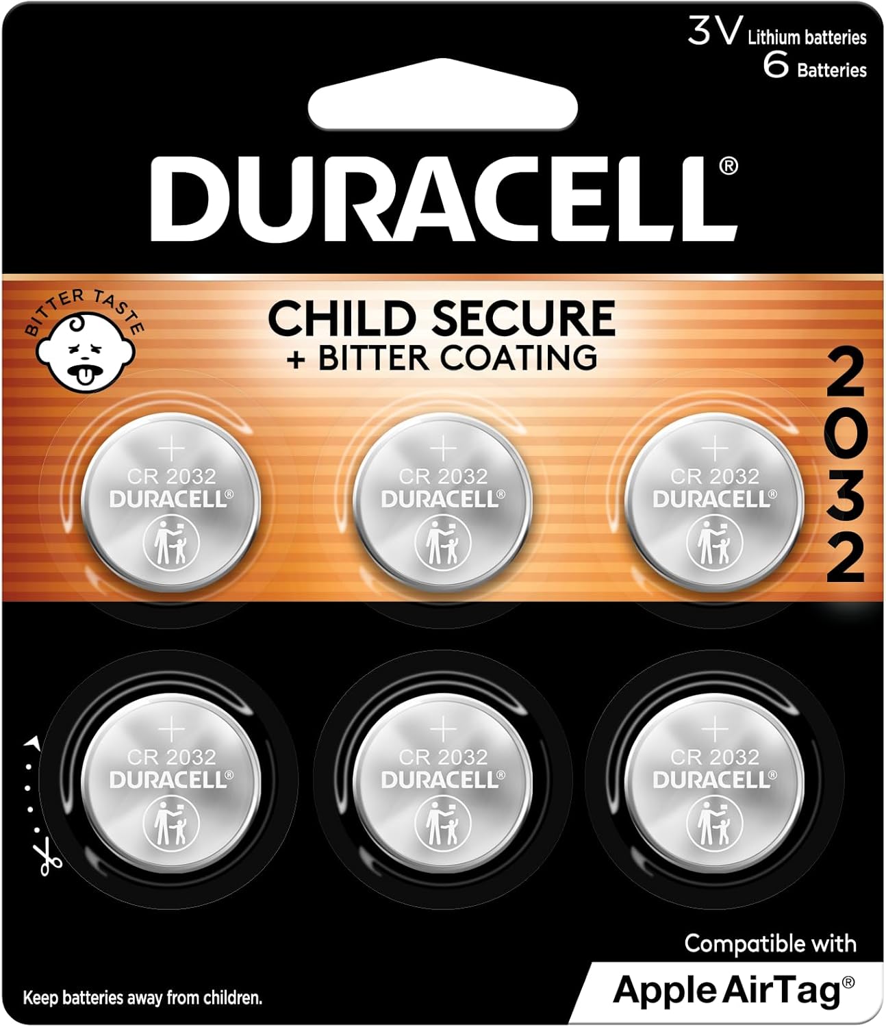 DURACELL 2032 Lithium Battery 6 Pack: Child-Safe & Apple AirTag Compatible