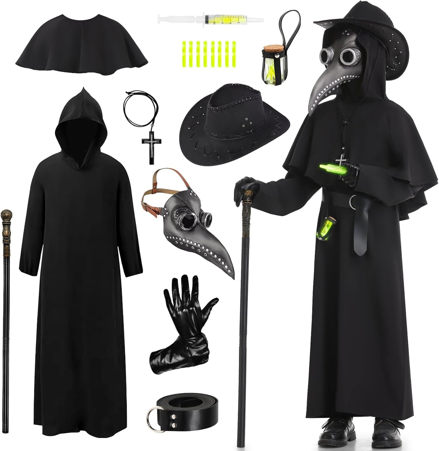 Plague Doctor Costume Kids Set with Bird Beak Mask and Hat