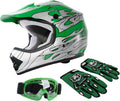 Youth Green Flame DOT Motocross Helmet with Goggles and Gloves - L