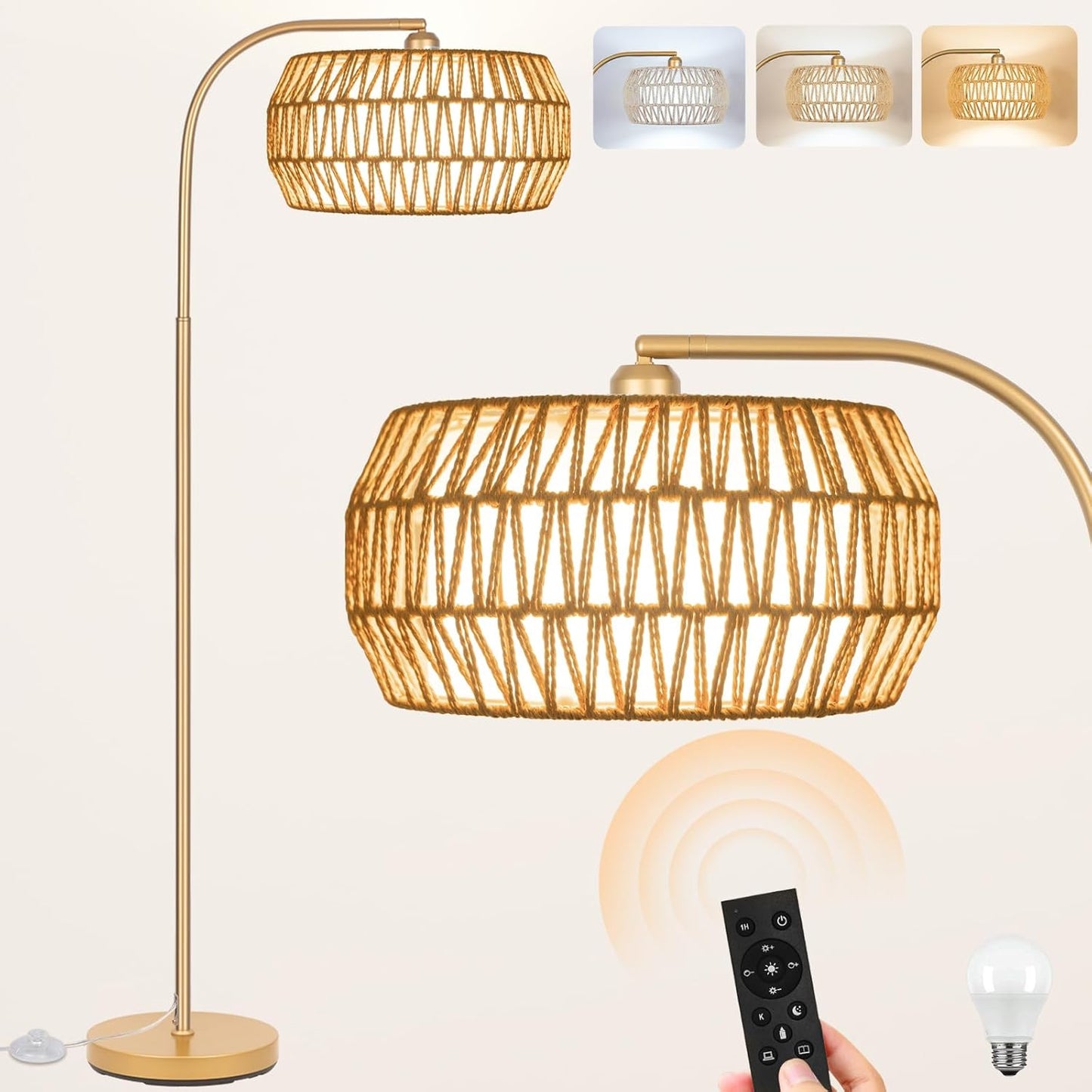 Boho Gold Floor Lamp with Rattan Shade and Dimmable Bulb
