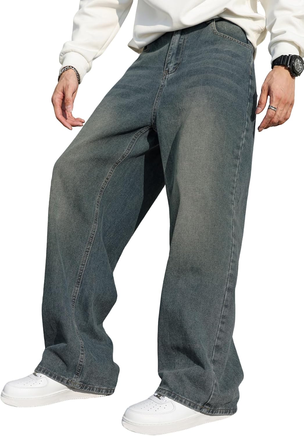 Mens Baggy Jeans Distressed Wide Leg Denim Pants for Casual Wear