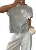 SOLY HUX Women's Ribbed Sweater Crew Neck Short Sleeve - Soft Floral