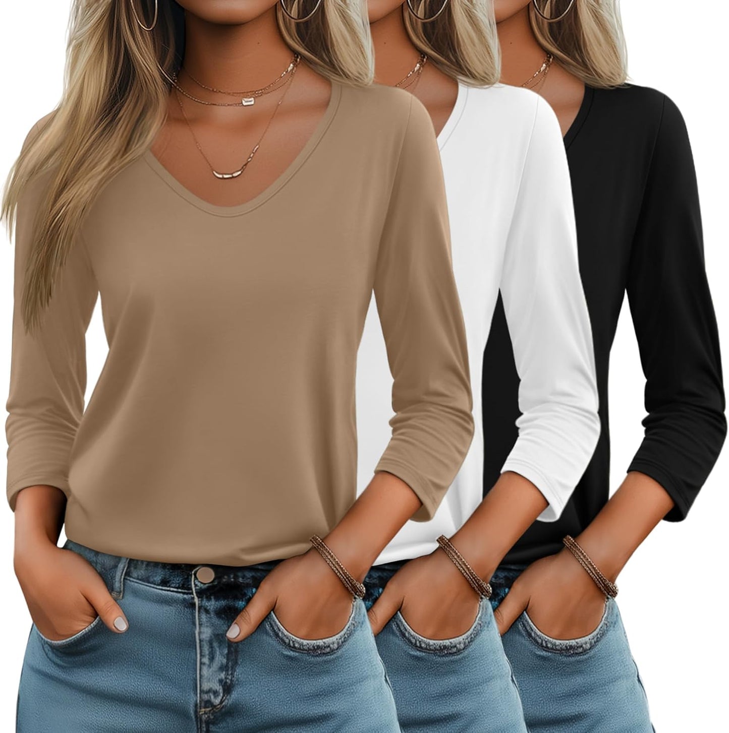 Huukeay Women's 3/4 Sleeve V Neck T-Shirts for Casual Style