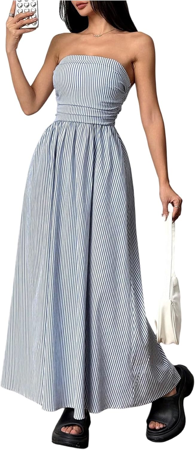 Milumia Women's Striped Strapless Maxi Dress with Pockets