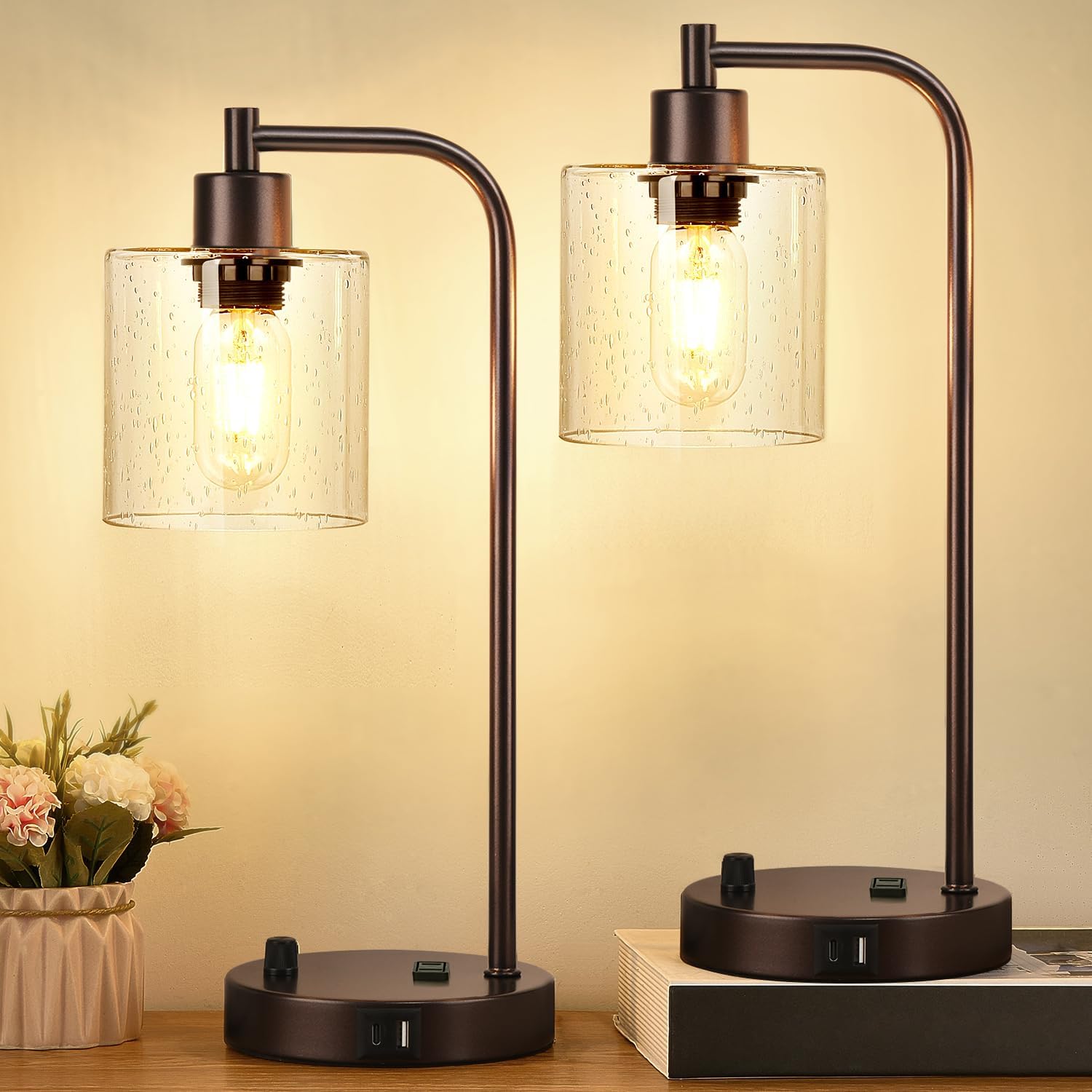 Set of 2 Oil Rubbed Bronze Table Lamps with USB Ports and Dimming