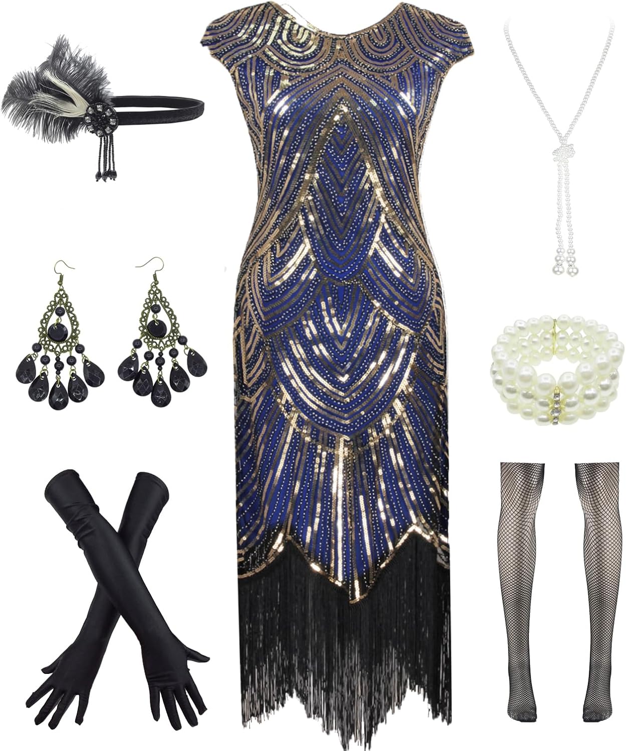 Vintage Lace Fringed Gatsby 1920s Cocktail Dress with Accessories