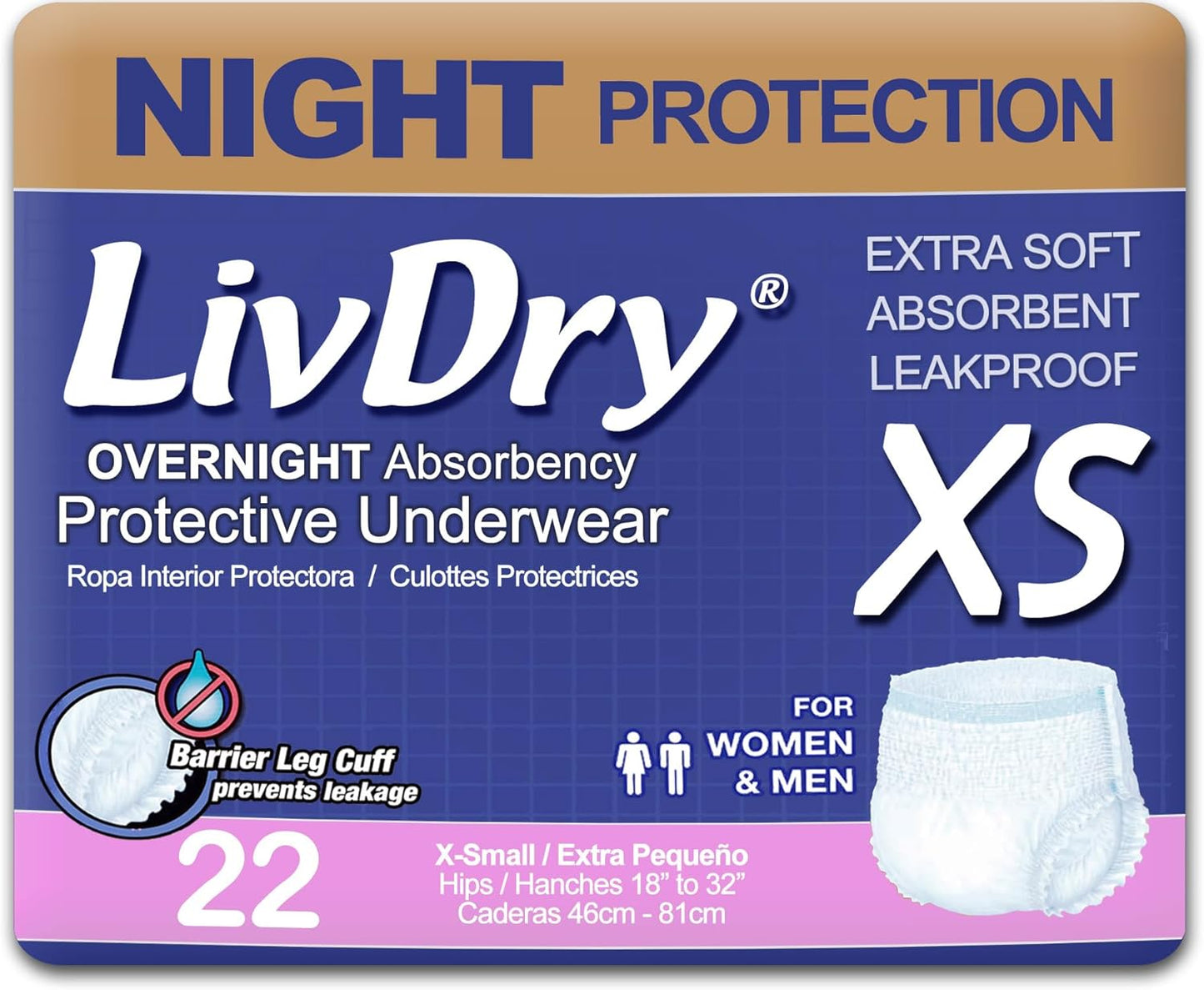 LivDry Adult XS Incontinence Underwear for Overnight Comfort