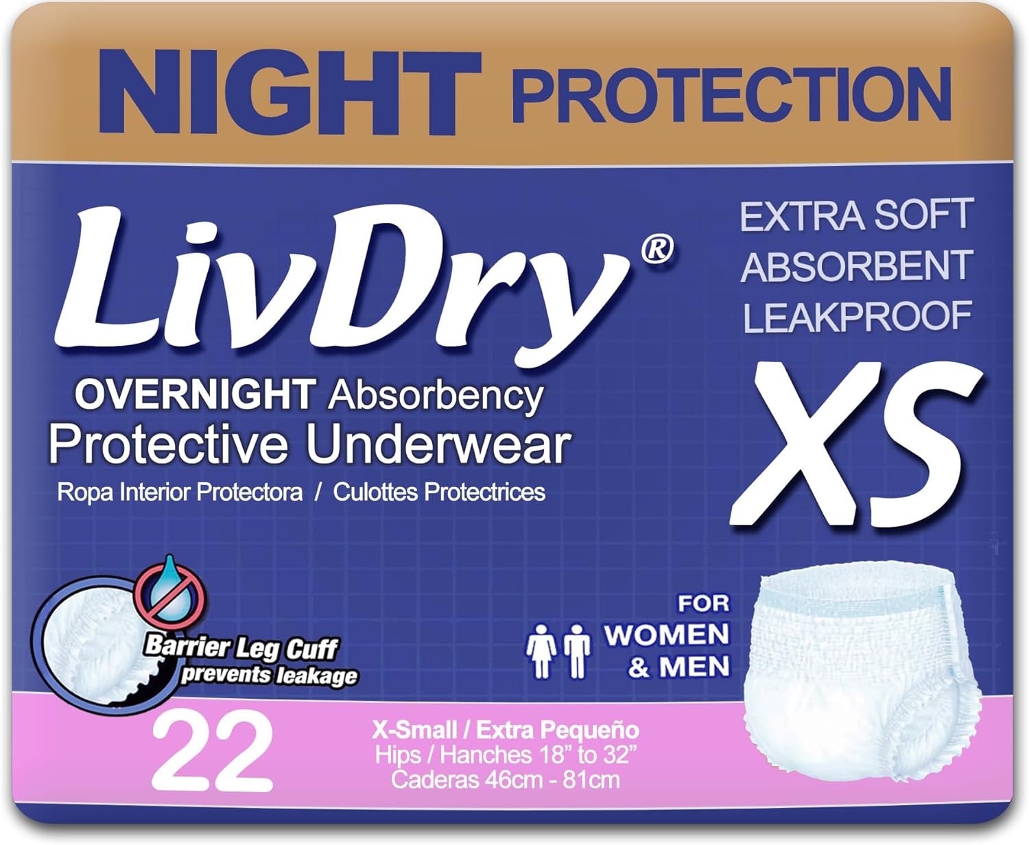 LivDry Adult XS Incontinence Underwear for Overnight Comfort