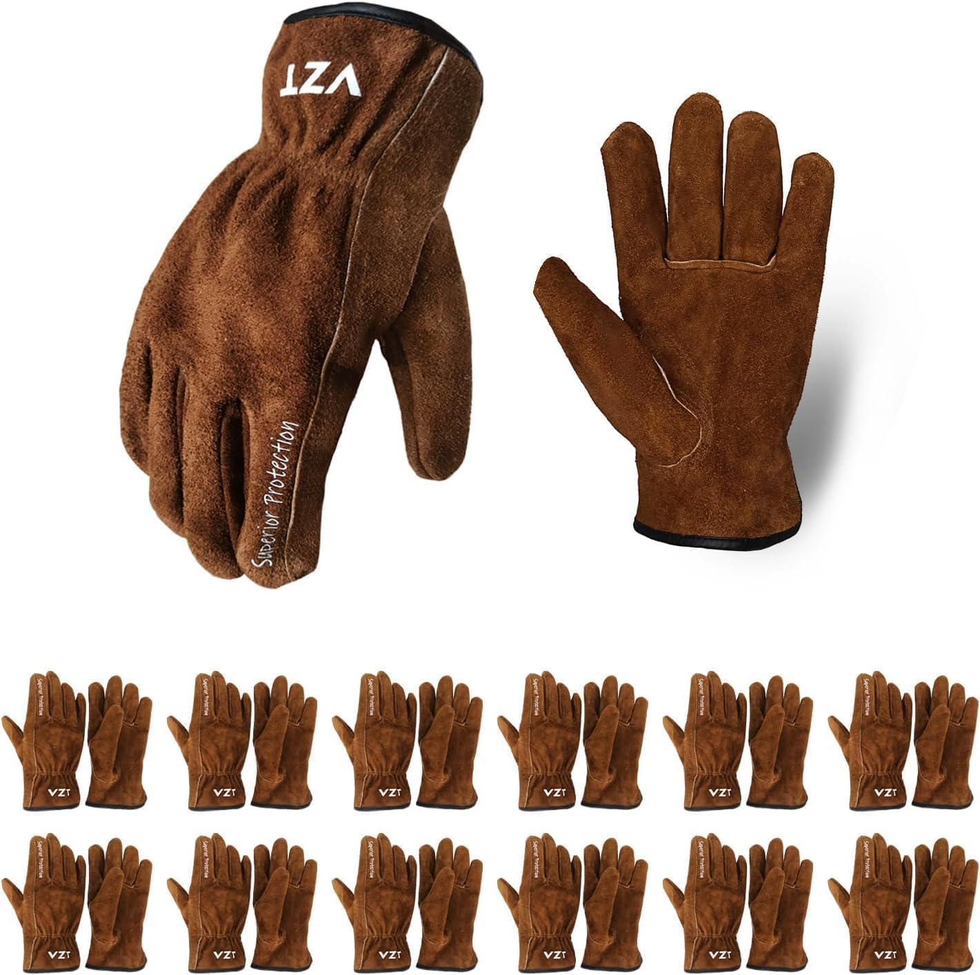 12 Pairs Bulk Leather Work Gloves for Gardening and More