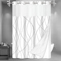 No Hook Grey White Striped Long Shower Curtain with Snap in Liner