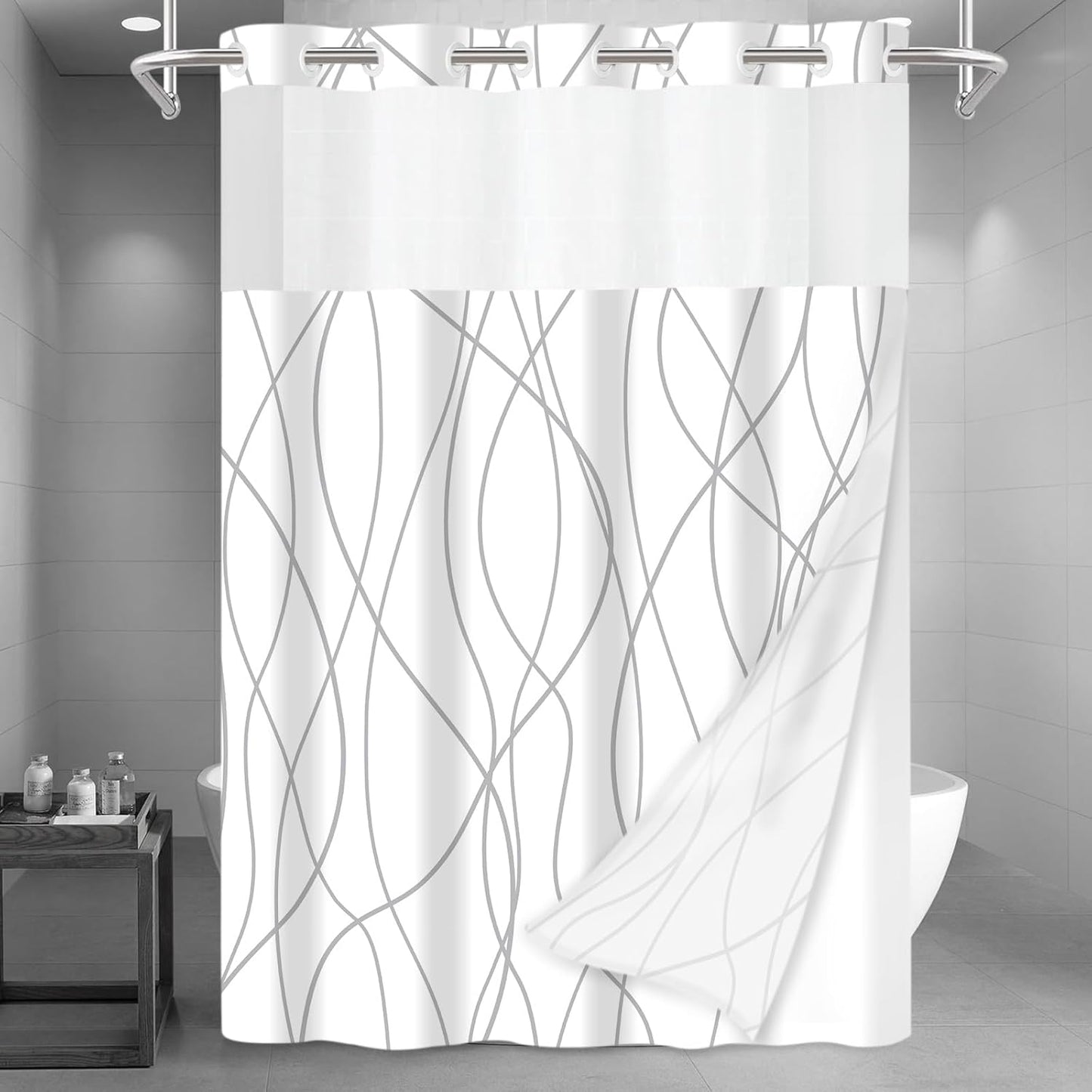 No Hook Grey White Striped Long Shower Curtain with Liner Set