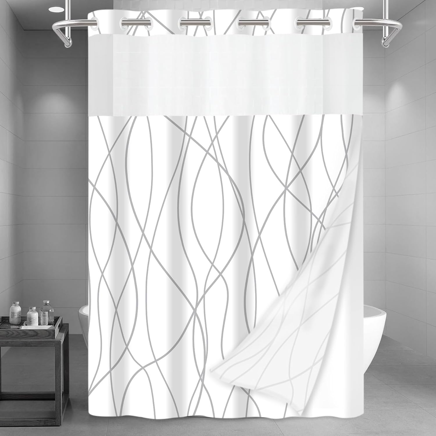 No Hook Grey White Striped Long Shower Curtain with Liner Set