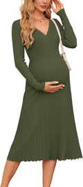 Maternity Midi Wrap Dress for Women - Pleated V Neck Sweater