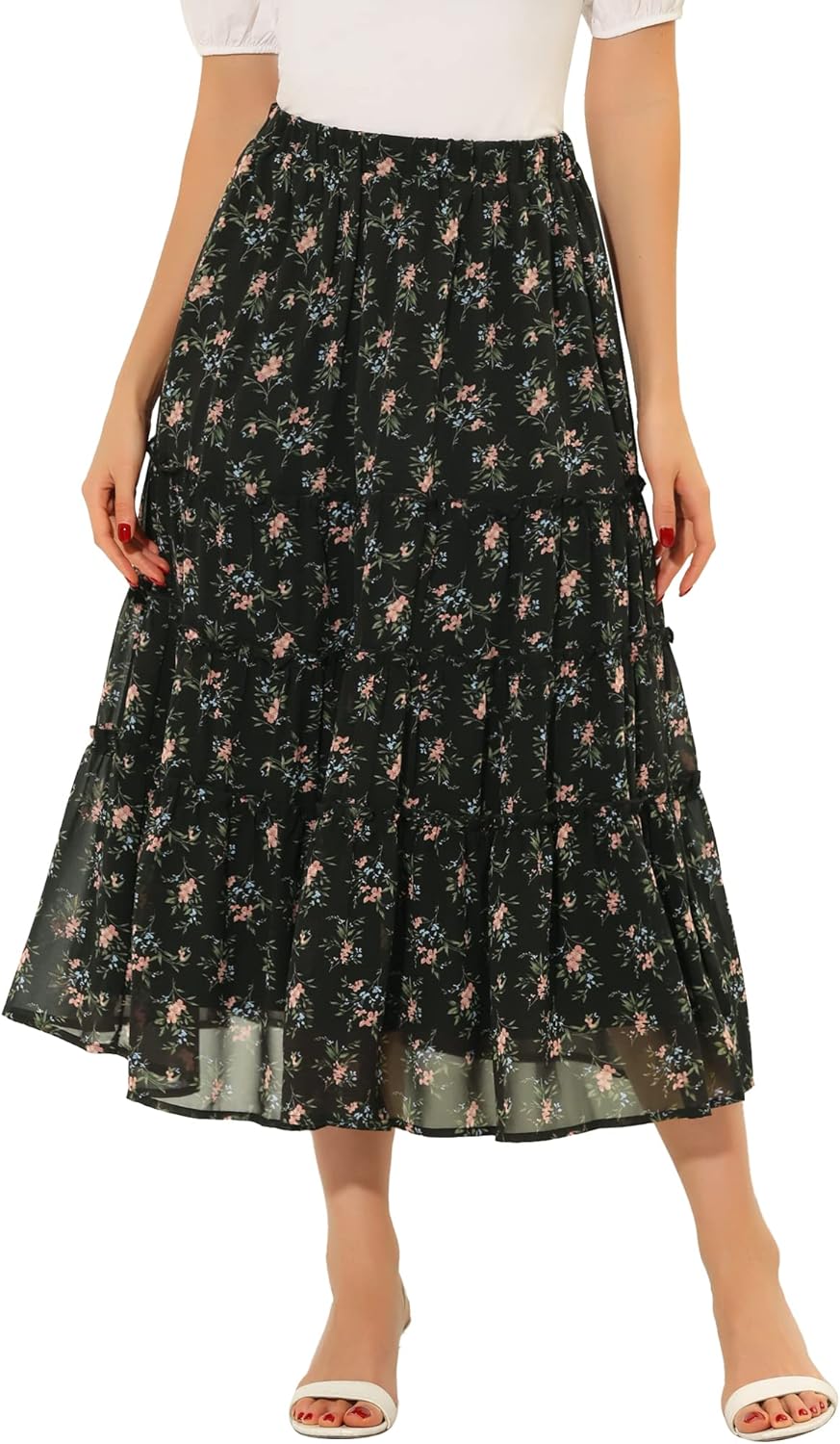 Allegra K Women's Floral Skirt A-line Long Tiered Ruffle Midi