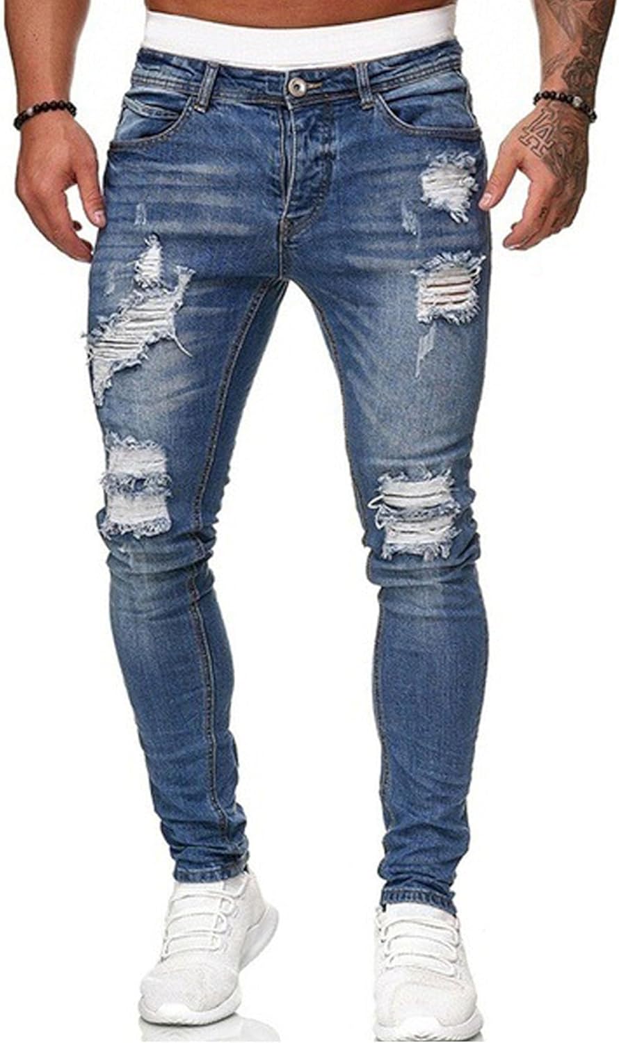 HUNGSON Men's Blue Slim Fit Jeans with Ripped Design and Stripes