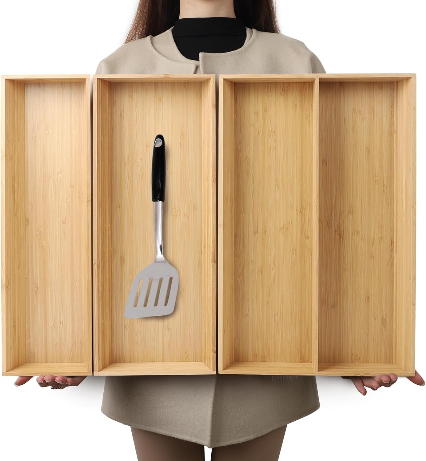 V-Shaped Bamboo Drawer Organizer Set of 3 for Kitchen Storage