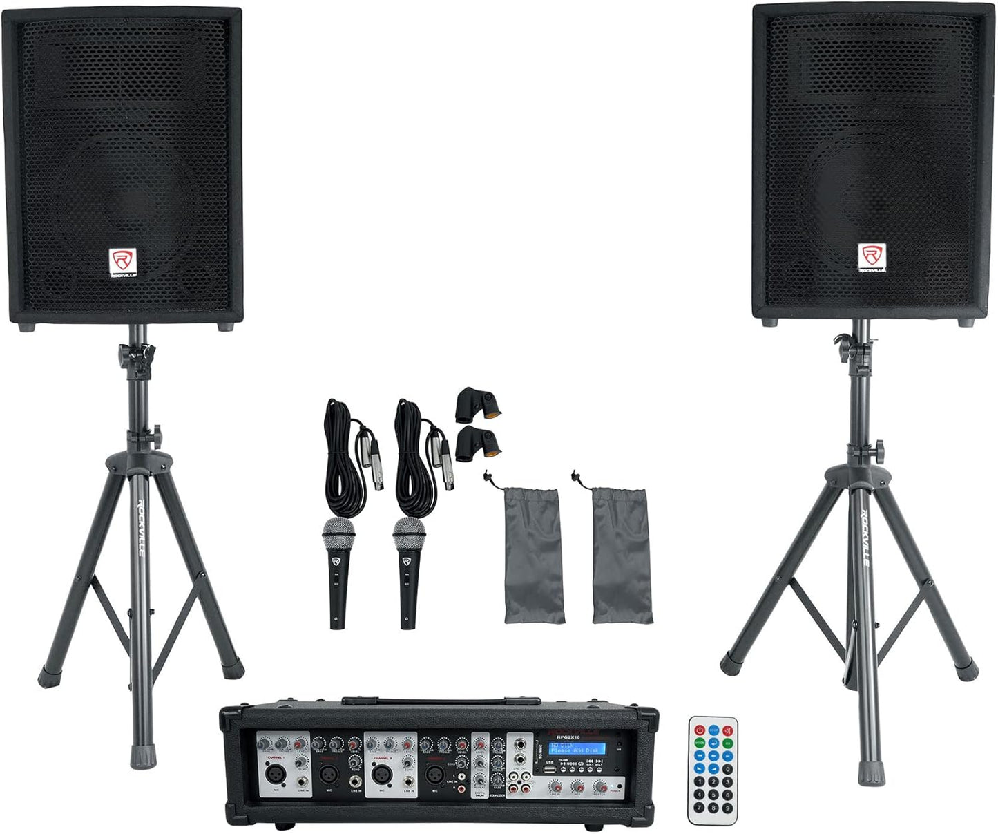 Rockville RPG2X10 Complete PA System with Mixer and Speakers