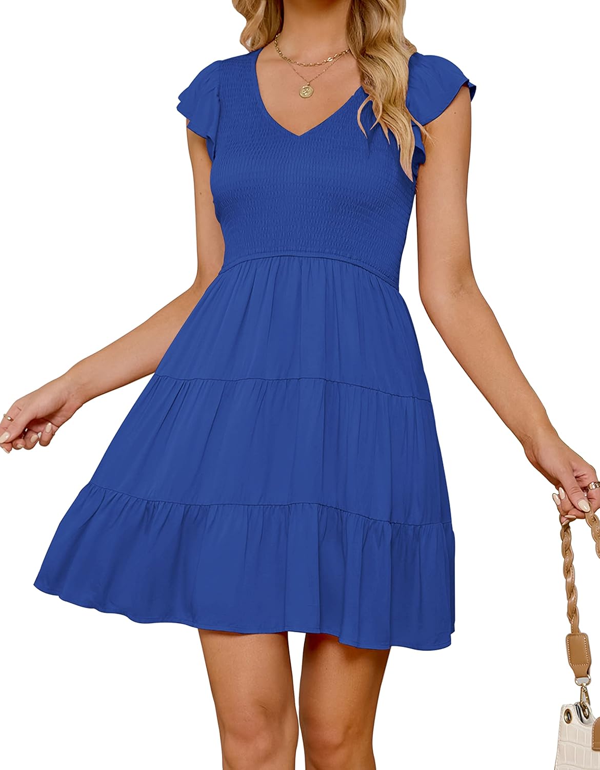 ZESICA Women's Bohemian Ruffle Smocked A Line Mini Dress